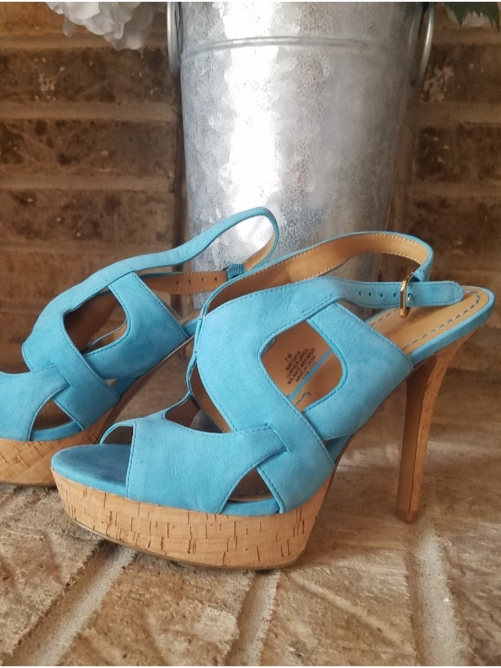 Nine West Platform Sandals Turquoise Blue Nubuck Cork Heels